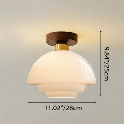 Flush Mount Wood & Glass Ceiling Light 13 in Copper Accent for Entryway Kitchen Hallway Small Rooms Modern Scandinavian LED Fixture