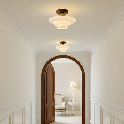Flush Mount Light Fixture with Real Wood Frame and Clear Glass Dome for Hallway Kitchen Foyer Bedroom Overhead Lighting 12 Inch Round Semi-F