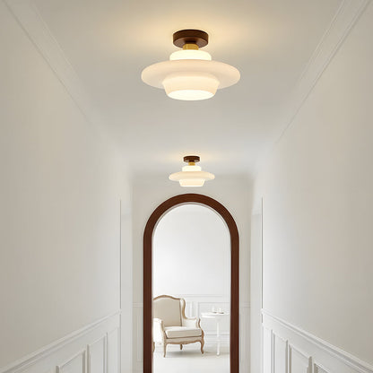 Flush Mount Wood & Glass Ceiling Light 13 in Copper Accent for Entryway Kitchen Hallway Small Rooms Modern Scandinavian LED Fixture