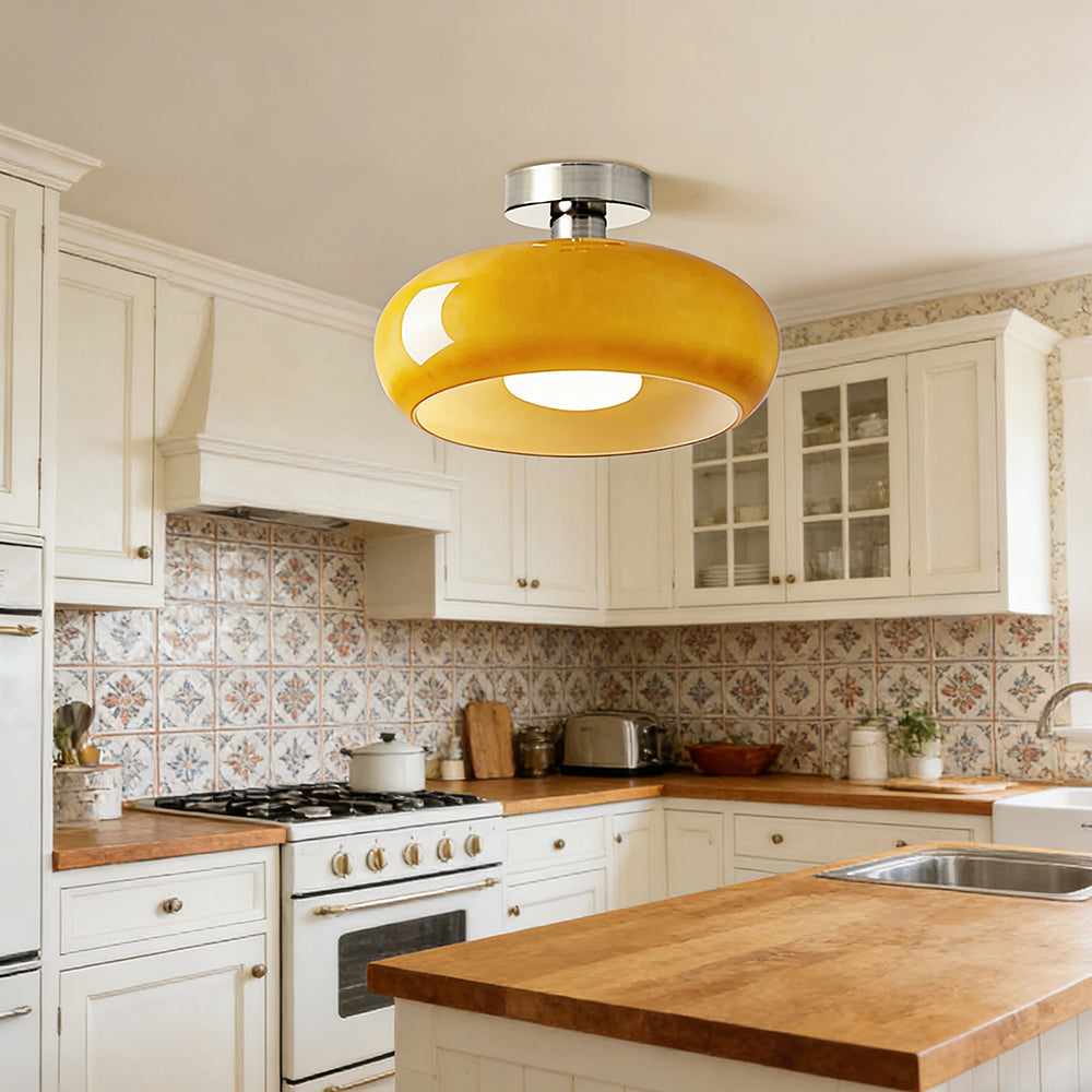 Amber Glass Globe Ceiling Light 11 Inch Dome Shade for Kitchen Island Dining Table Bedroom Brass Iron Fixture E27 Socket