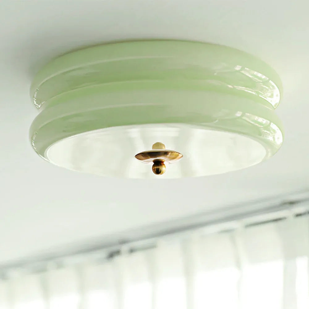 Handcrafted Glass Flush Mount Ceiling Light 16 in White Gold Finish for Dining Room Bedroom Kitchen Overhead Lighting Fixture Vintage Style
