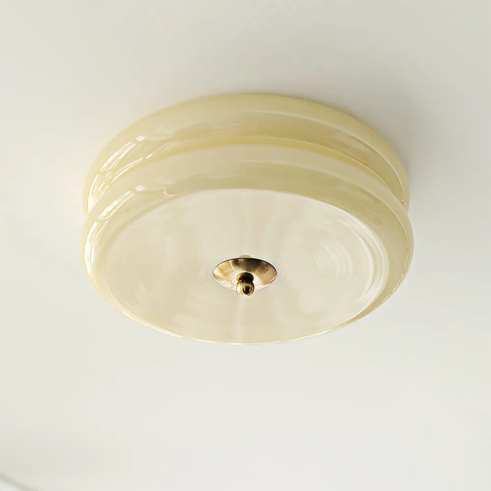 Handcrafted Glass Flush Mount Ceiling Light 16 in White Gold Finish for Dining Room Bedroom Kitchen Overhead Lighting Fixture Vintage Style