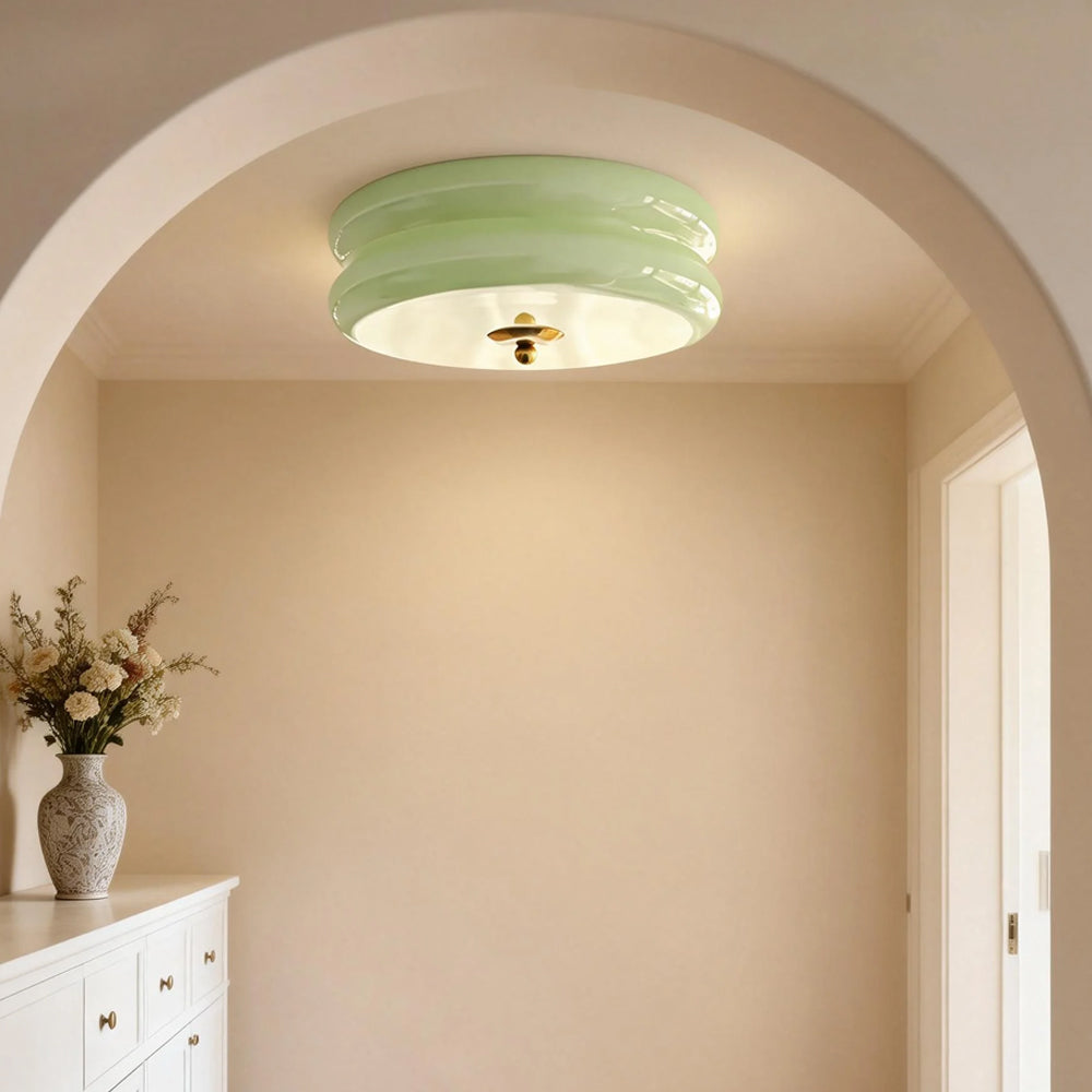 Handcrafted Glass Flush Mount Ceiling Light 16 in White Gold Finish for Dining Room Bedroom Kitchen Overhead Lighting Fixture Vintage Style