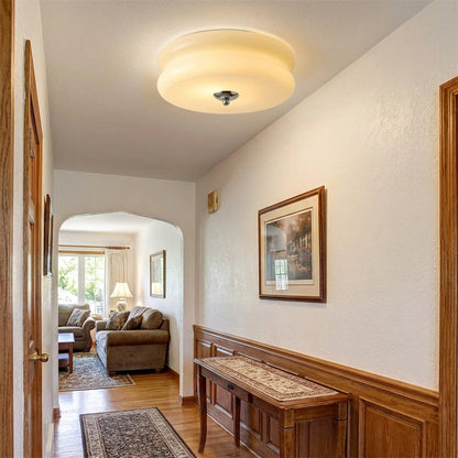 Handcrafted Glass Flush Mount Ceiling Light 16 in White Gold Finish for Dining Room Bedroom Kitchen Overhead Lighting Fixture Vintage Style