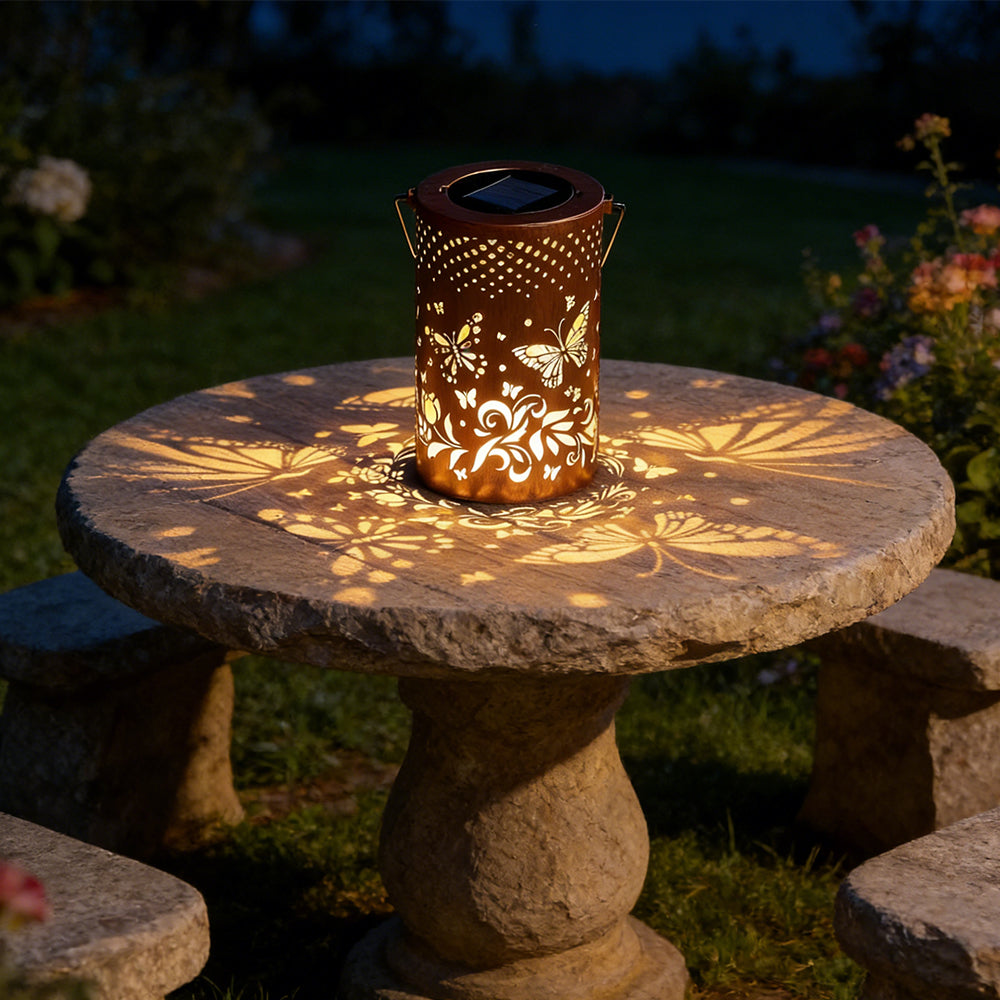 Decorative Metal Garden Lantern Solar LED Hanging Outdoor Light Waterproof Tree Pattern 4-8 Inches Round for Patio Pathway Pergola Tabletop