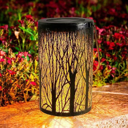 Decorative Metal Garden Lantern Solar LED Hanging Outdoor Light Waterproof Tree Pattern 4-8 Inches Round for Patio Pathway Pergola Tabletop