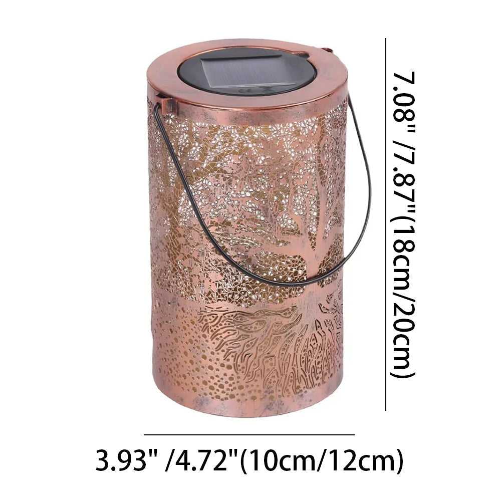 Decorative Metal Garden Lantern Solar LED Hanging Outdoor Light Waterproof Tree Pattern 4-8 Inches Round for Patio Pathway Pergola Tabletop