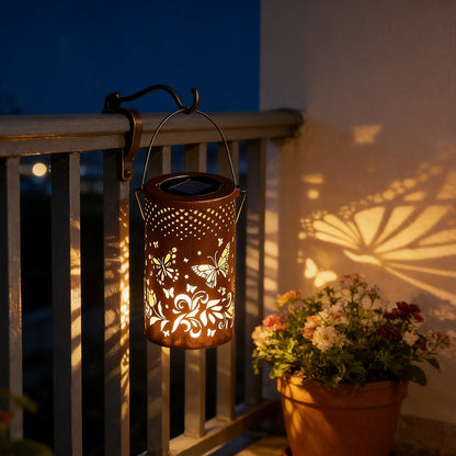 Decorative Metal Garden Lantern Solar LED Hanging Outdoor Light Waterproof Tree Pattern 4-8 Inches Round for Patio Pathway Pergola Tabletop