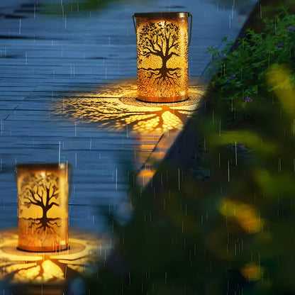 Decorative Metal Garden Lantern Solar LED Hanging Outdoor Light Waterproof Tree Pattern 4-8 Inches Round for Patio Pathway Pergola Tabletop