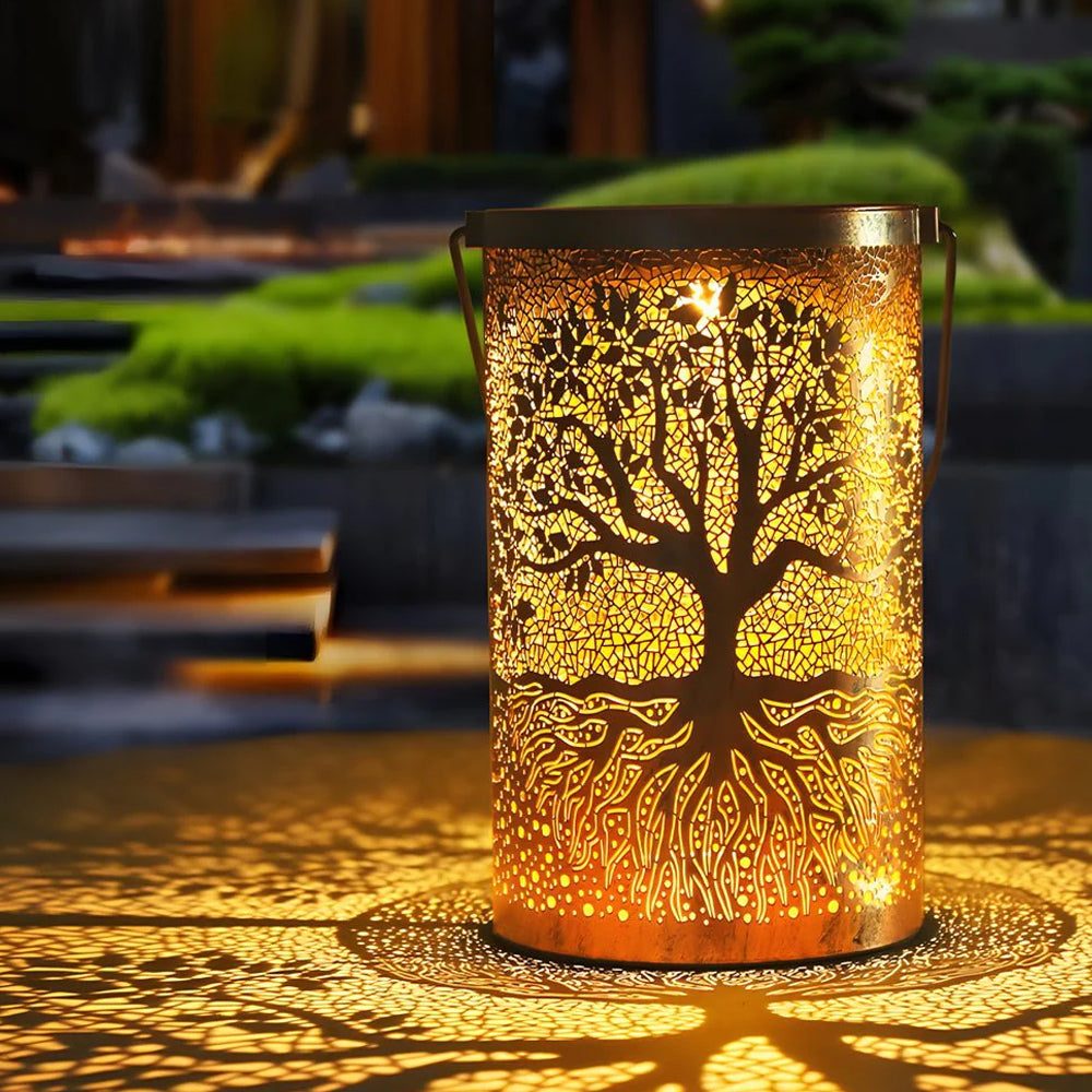 Decorative Metal Garden Lantern Solar LED Hanging Outdoor Light Waterproof Tree Pattern 4-8 Inches Round for Patio Pathway Pergola Tabletop