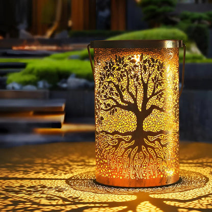 Decorative Metal Garden Lantern Solar LED Hanging Outdoor Light Waterproof Tree Pattern 4-8 Inches Round for Patio Pathway Pergola Tabletop