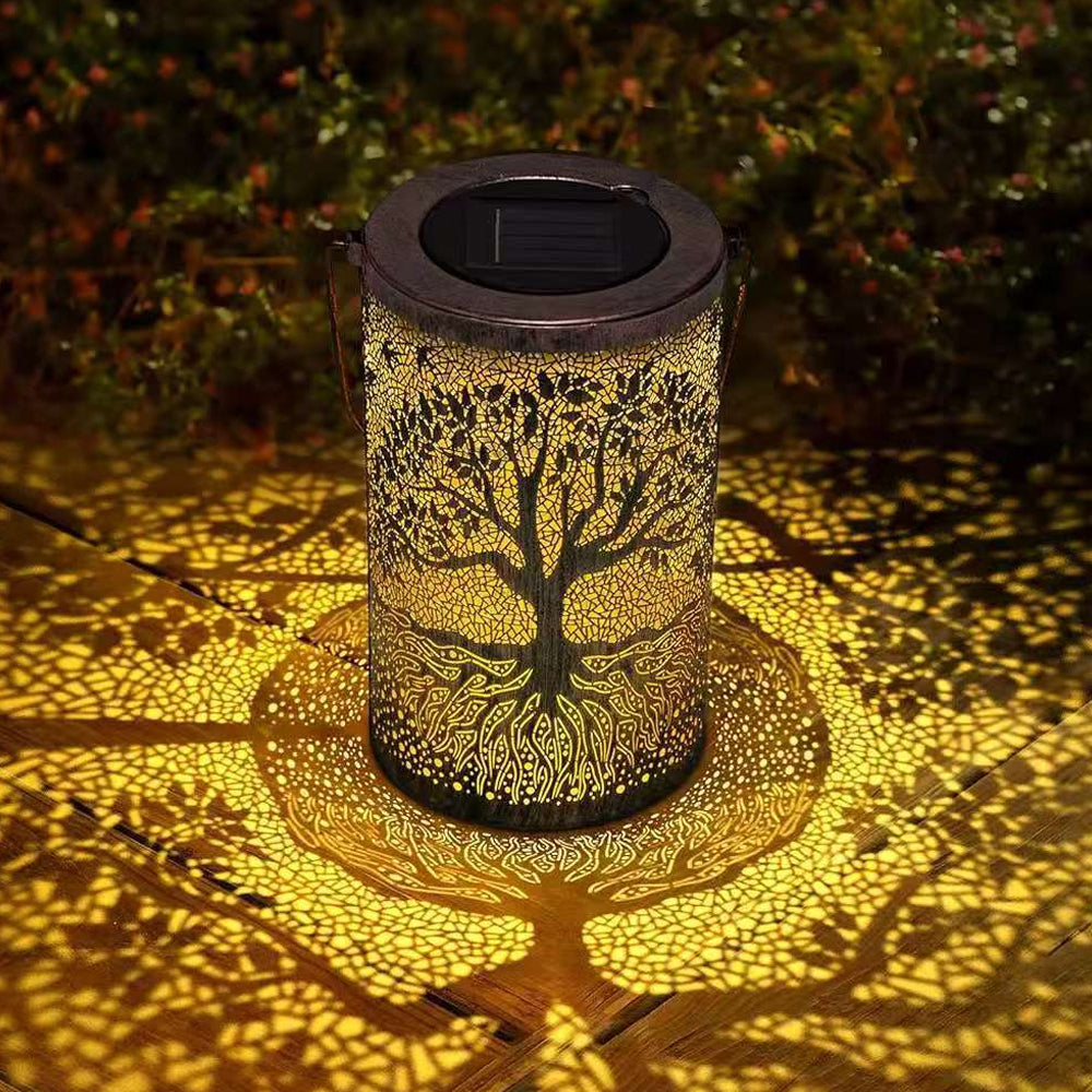 Decorative Metal Garden Lantern Solar LED Hanging Outdoor Light Waterproof Tree Pattern 4-8 Inches Round for Patio Pathway Pergola Tabletop