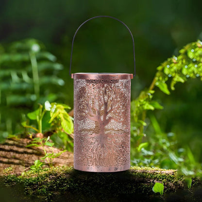 Decorative Metal Garden Lantern Solar LED Hanging Outdoor Light Waterproof Tree Pattern 4-8 Inches Round for Patio Pathway Pergola Tabletop