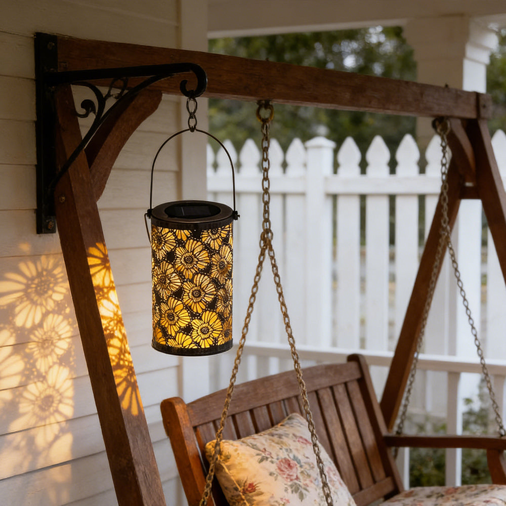 Decorative Metal Garden Lantern Solar LED Hanging Outdoor Light Waterproof Tree Pattern 4-8 Inches Round for Patio Pathway Pergola Tabletop