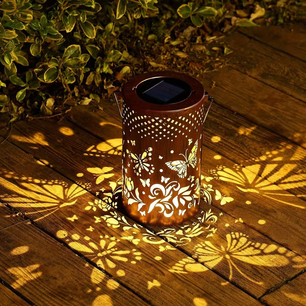 Decorative Metal Garden Lantern Solar LED Hanging Outdoor Light Waterproof Tree Pattern 4-8 Inches Round for Patio Pathway Pergola Tabletop