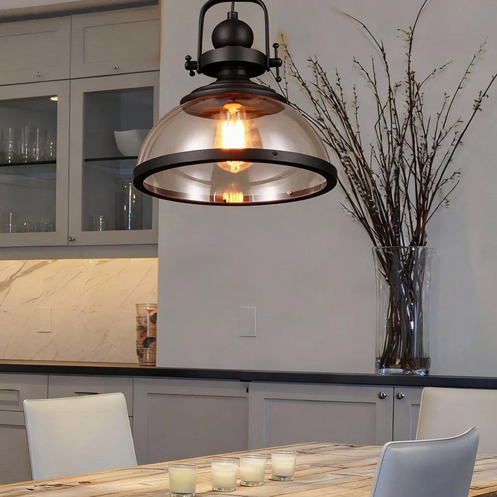 Iron & Glass Dome Hanging Fixture – 12 inch Shade, Adjustable Chain for Kitchen Island, Dining Table & Bedroom – Matte Finish Statement Piec