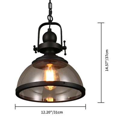 Glass Shade Hanging Fixture with Iron Frame in Black for Dining Rooms, Kitchens, Bedrooms – Adjustable Chain Mount, E26 Socket, 12 in Diamet