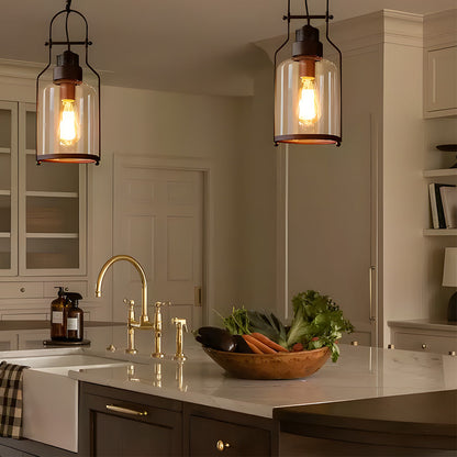 Hanging Ceiling Fixture Metal & Glass 8 in Wide 18 in Drop Industrial Style for Entryway Kitchen Island Dining Area