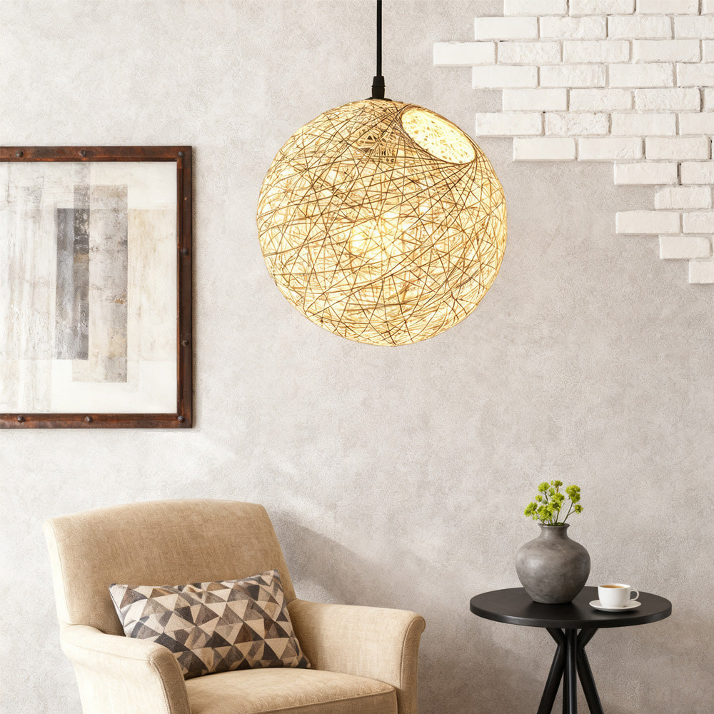 Woven Sphere Ceiling Light for Dining Rooms & Living Spaces – Handcrafted Natural Fiber Hanging Fixture with Warm Filtered Glow