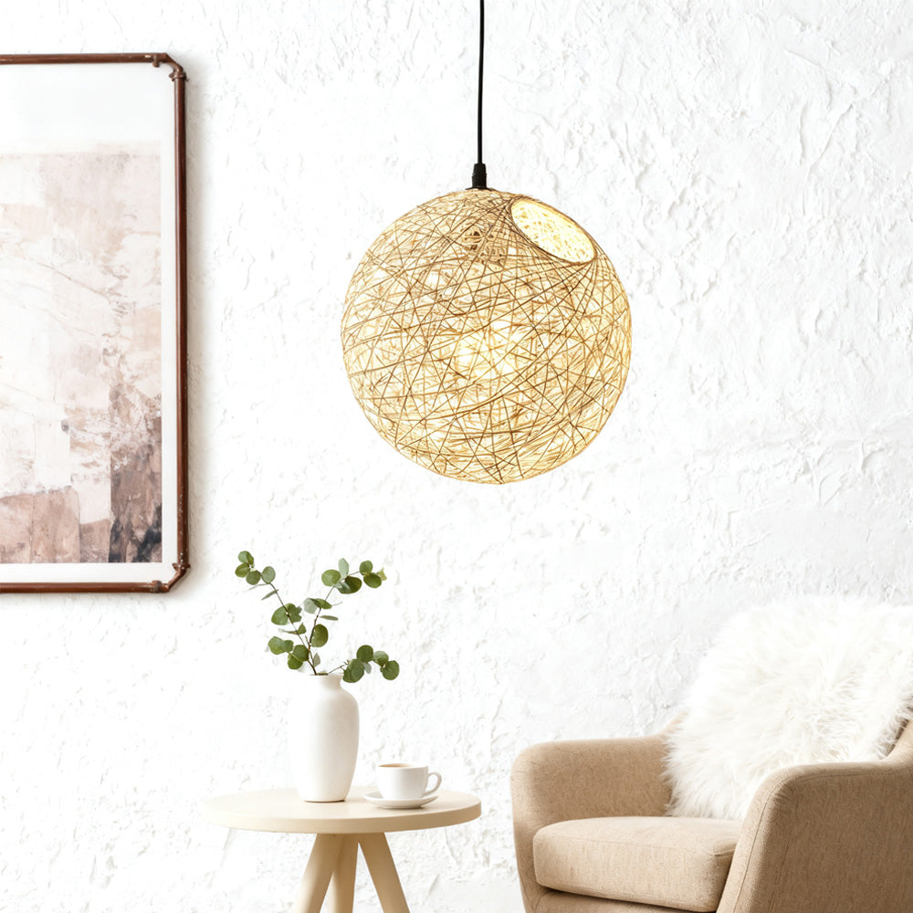 Woven Sphere Ceiling Light for Dining Rooms & Living Spaces – Handcrafted Natural Fiber Hanging Fixture with Warm Filtered Glow