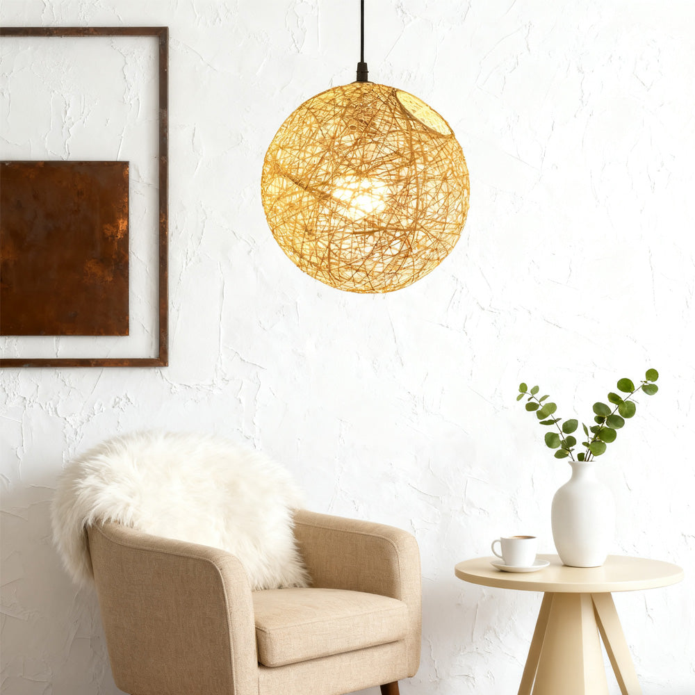 Woven Sphere Ceiling Light for Dining Rooms & Living Spaces – Handcrafted Natural Fiber Hanging Fixture with Warm Filtered Glow