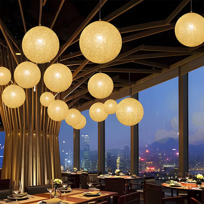 Woven Sphere Ceiling Light for Dining Rooms & Living Spaces – Handcrafted Natural Fiber Hanging Fixture with Warm Filtered Glow