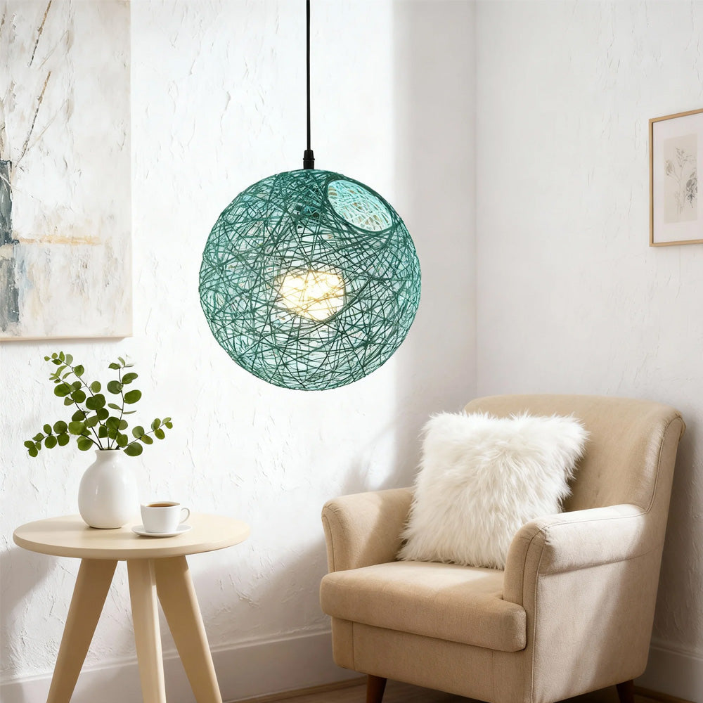 Woven Sphere Ceiling Light for Dining Rooms & Living Spaces – Handcrafted Natural Fiber Hanging Fixture with Warm Filtered Glow