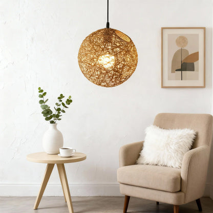 Woven Sphere Ceiling Light for Dining Rooms & Living Spaces – Handcrafted Natural Fiber Hanging Fixture with Warm Filtered Glow