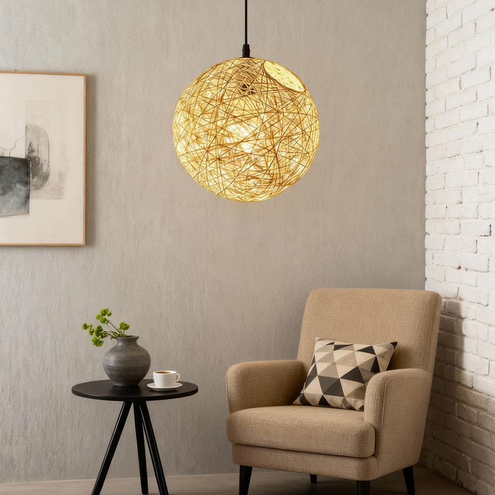 Woven Sphere Ceiling Light for Dining Rooms & Living Spaces – Handcrafted Natural Fiber Hanging Fixture with Warm Filtered Glow