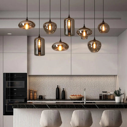 Glass Shade Hanging Fixture Adjustable Height for Kitchen Island, Dining Table & Entryway - Black Metal Frame Ceiling Lamp with Ambient Glow