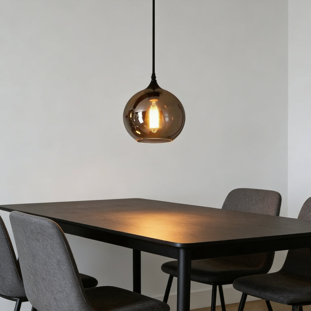 Glass Shade Hanging Fixture Adjustable Height for Kitchen Island, Dining Table & Entryway - Black Metal Frame Ceiling Lamp with Ambient Glow