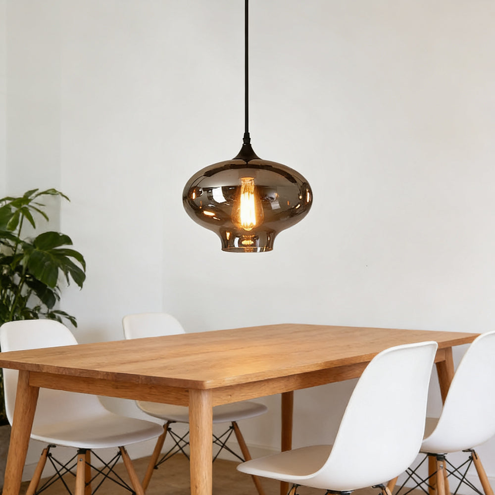 Glass Shade Hanging Fixture Adjustable Height for Kitchen Island, Dining Table & Entryway - Black Metal Frame Ceiling Lamp with Ambient Glow
