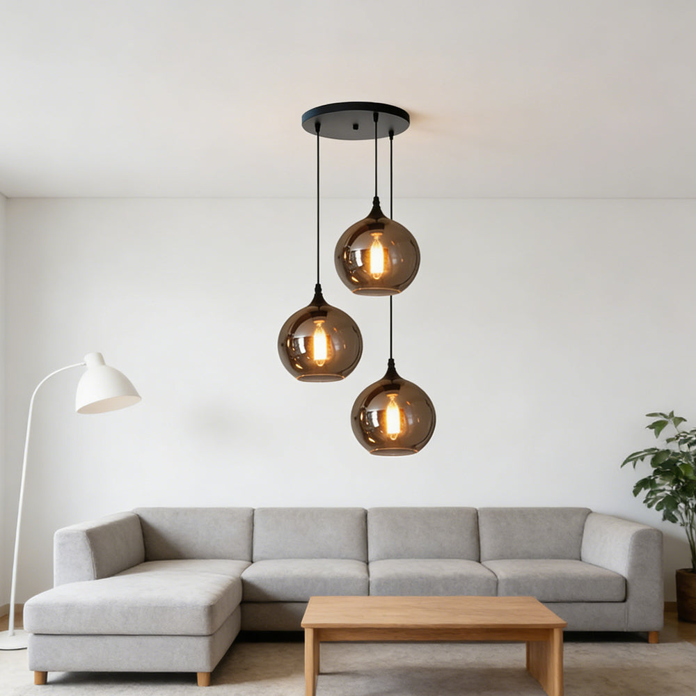 Glass Shade Hanging Fixture Adjustable Height for Kitchen Island, Dining Table & Entryway - Black Metal Frame Ceiling Lamp with Ambient Glow
