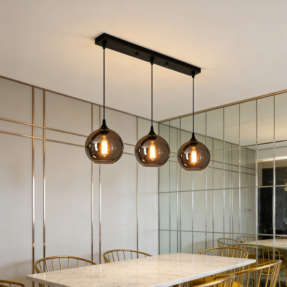 Glass Shade Hanging Fixture Adjustable Height for Kitchen Island, Dining Table & Entryway - Black Metal Frame Ceiling Lamp with Ambient Glow