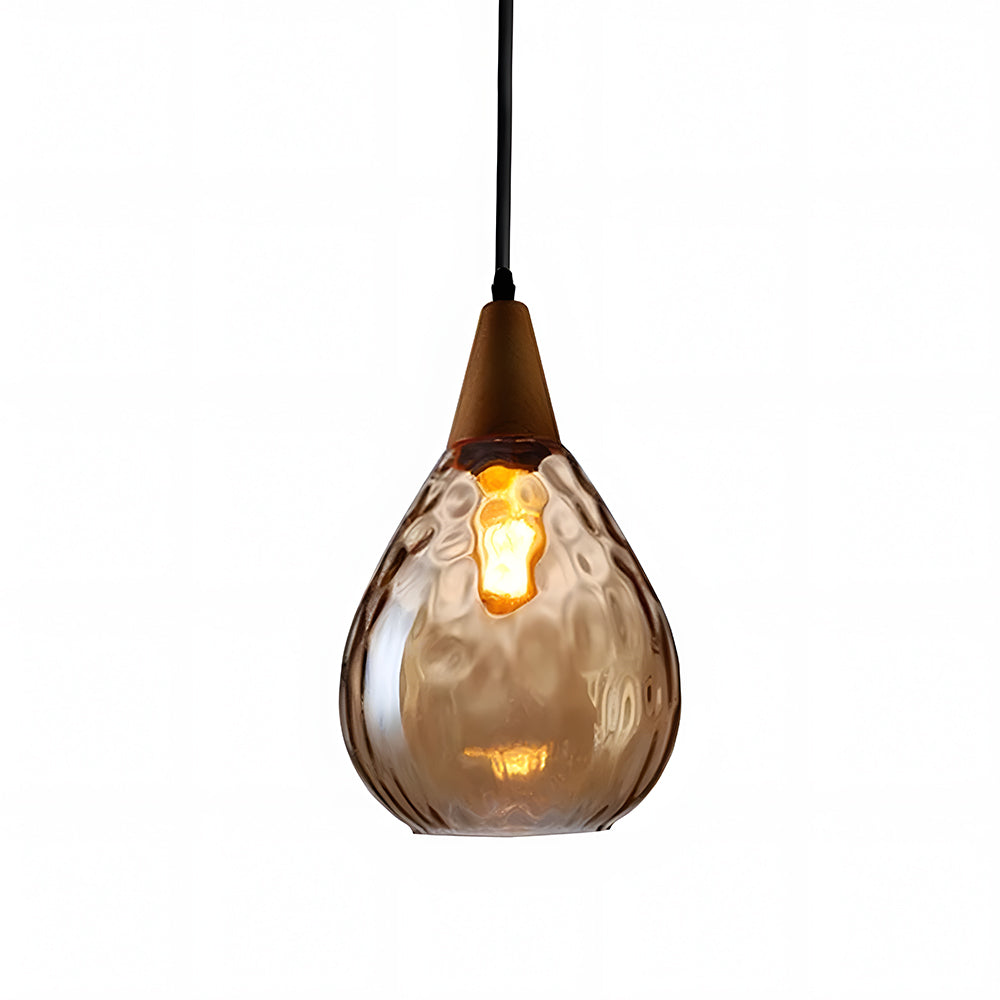 Handcrafted Glass Hanging Light Fixture with Natural Wood Trim 12 Inch Height E26 Socket for Kitchen Dining Room Bedroom Hallway Warm White