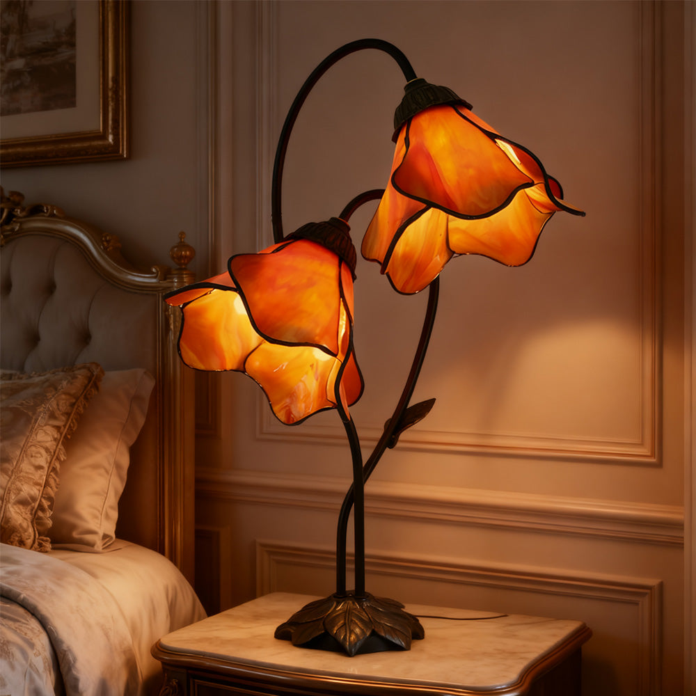 Dual-Shade Glass Flower Desk Lamp 22 in Tall with Resin Base for Bedside Reading Light Vintage Inspired Metal Accent Lighting for Home Offic