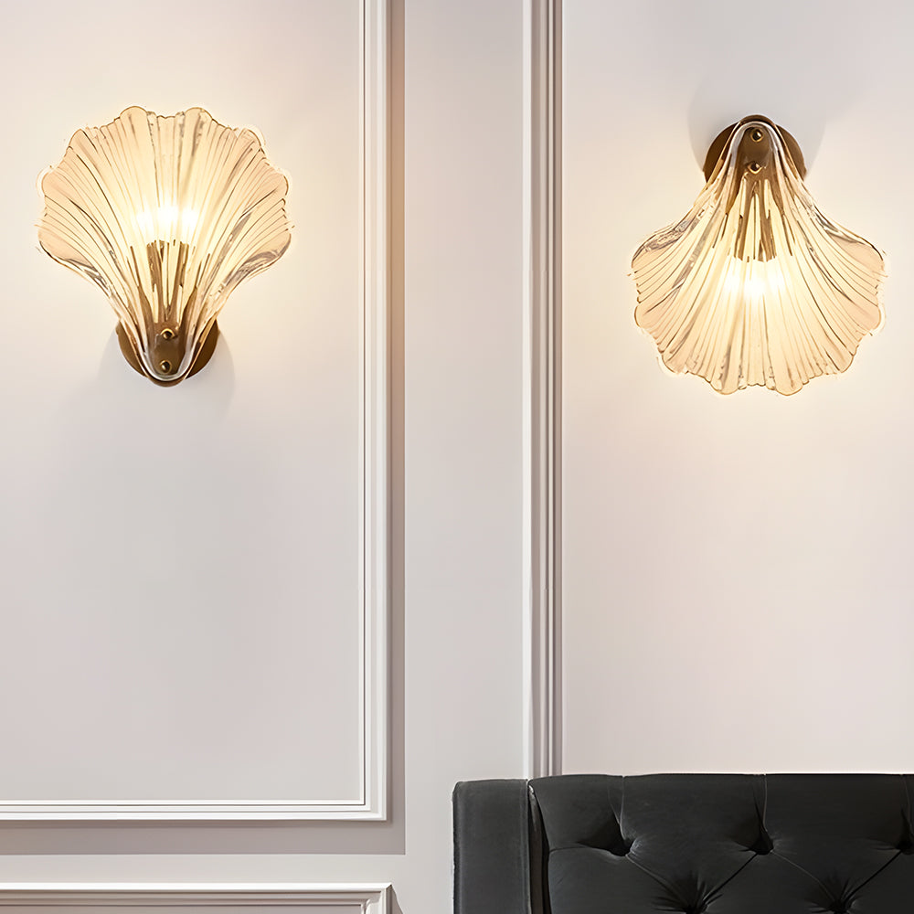 Shell Glass Sconce Gold 7.9 in Bedroom Hallway Bathroom LED Wall Light Fixture Coastal Decor Ambient Lighting Modern Luxury Metal Mount E14