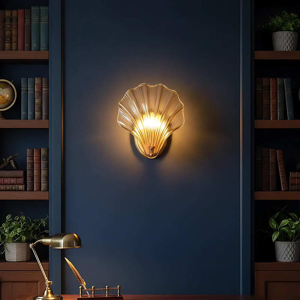 Shell Glass Sconce Gold 7.9 in Bedroom Hallway Bathroom LED Wall Light Fixture Coastal Decor Ambient Lighting Modern Luxury Metal Mount E14