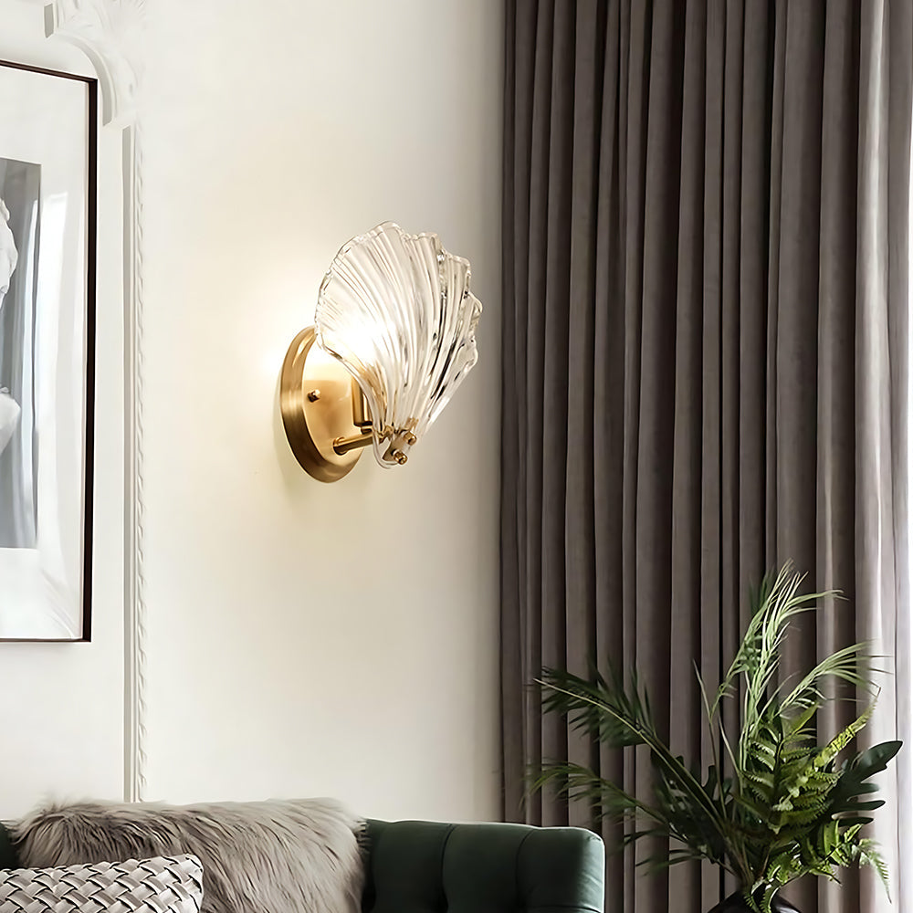 Shell Glass Sconce Gold 7.9 in Bedroom Hallway Bathroom LED Wall Light Fixture Coastal Decor Ambient Lighting Modern Luxury Metal Mount E14