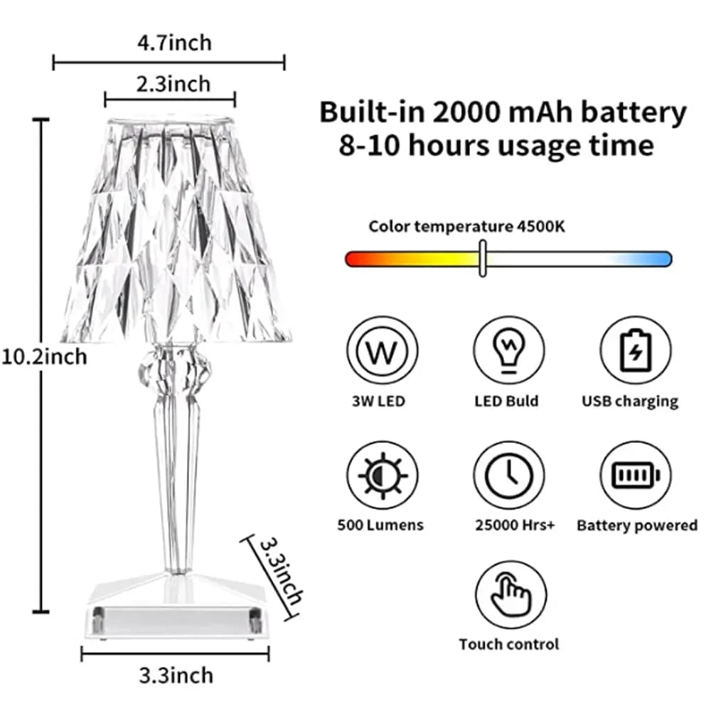Cordless Crystal LED Table Lamp with Touch Control and Rechargeable Battery for Bedroom Nightstand Desk Living Room Ambient Lighting