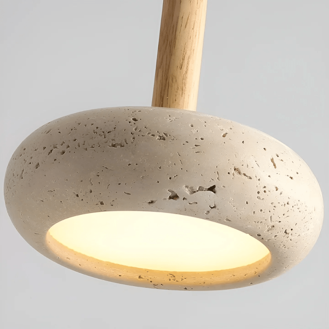 Japanese-Inspired Stone & Wood Pendant Light with Adjustable Cord – Natural Cave Stone Ceiling Fixture for Living Room, Bedroom, Dining