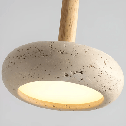 Japanese-Inspired Stone & Wood Pendant Light with Adjustable Cord – Natural Cave Stone Ceiling Fixture for Living Room, Bedroom, Dining