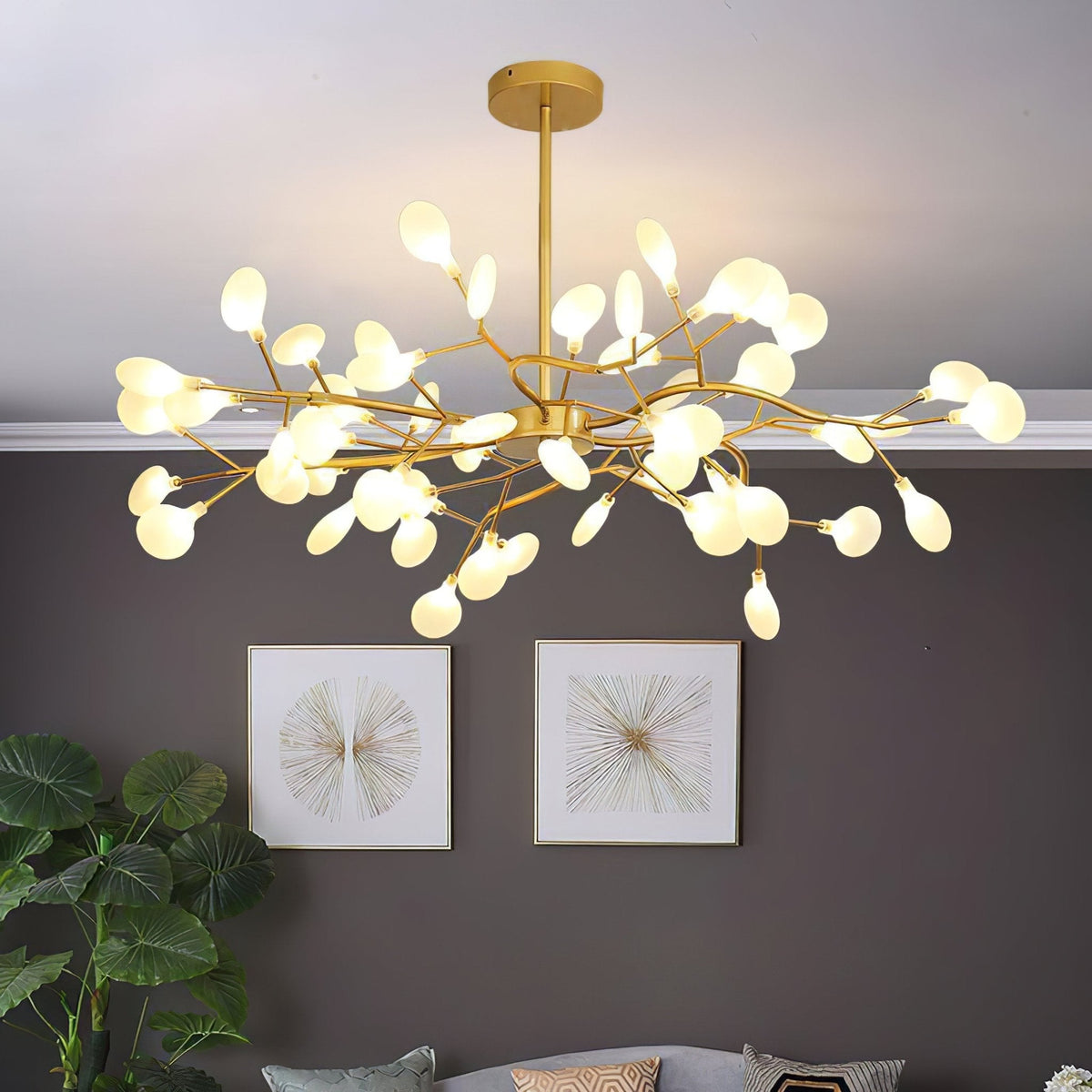 Acrylic Branch Chandelier with Adjustable LED Lights for Dining Room & Entryway - 30 to 63 Light Branches - Dimmable Gold or Black Metal Fin