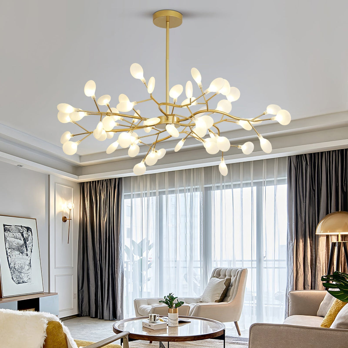 Branching LED Chandelier Gold & Acrylic Modern Statement Fixture Multi-Arm Ceiling Light for Dining Room Living Room Bedroom Adjustable Ligh