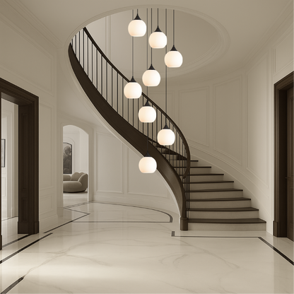 Multi-Drop Glass Globe Stairwell Fixture with Height-Adjustable Cable System for Vertical Spaces Black LED Illumination Mezzanine Entryway F
