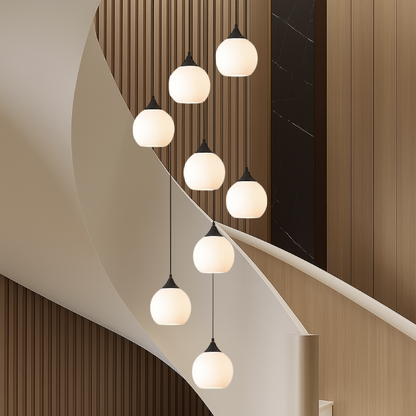 Multi-Drop Glass Globe Stairwell Fixture with Height-Adjustable Cable System for Vertical Spaces Black LED Illumination Mezzanine Entryway F