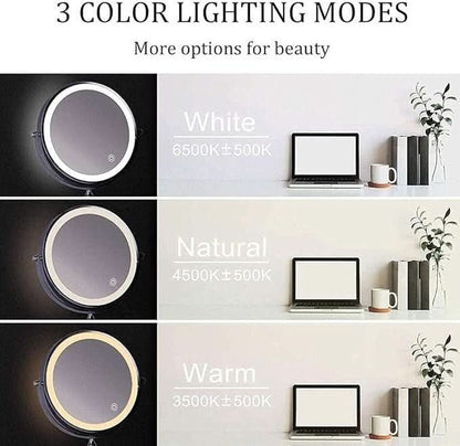 Illuminated Magnifying Vanity Mirror 8-Inch Round Wall-Mount Rechargeable USB Touch-Dimming Cosmetic Grooming Mirror for Bathroom Makeup Ski