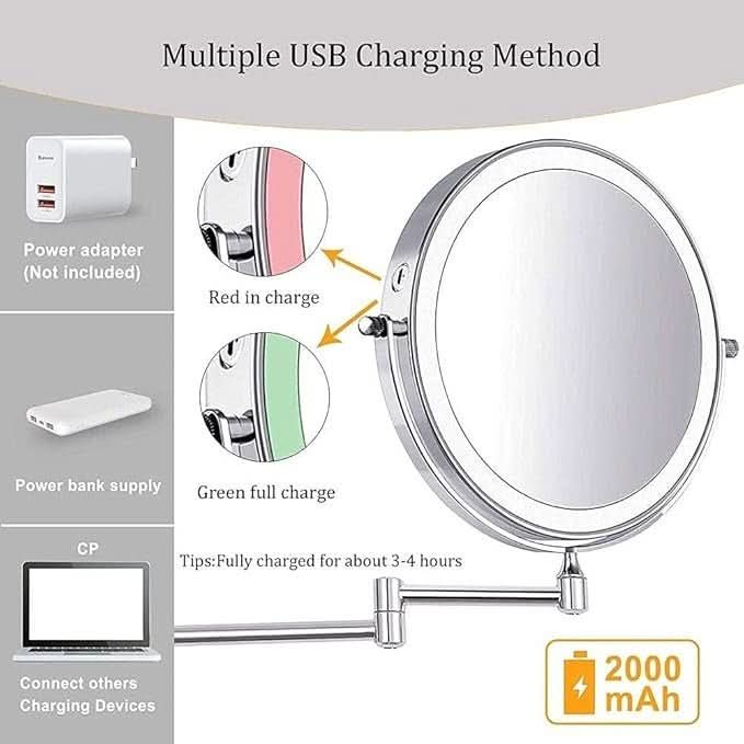 Illuminated Magnifying Vanity Mirror 8-Inch Round Wall-Mount Rechargeable USB Touch-Dimming Cosmetic Grooming Mirror for Bathroom Makeup Ski