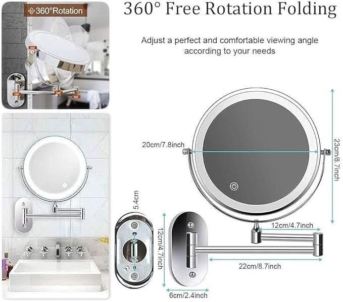 Illuminated Magnifying Vanity Mirror 8-Inch Round Wall-Mount Rechargeable USB Touch-Dimming Cosmetic Grooming Mirror for Bathroom Makeup Ski