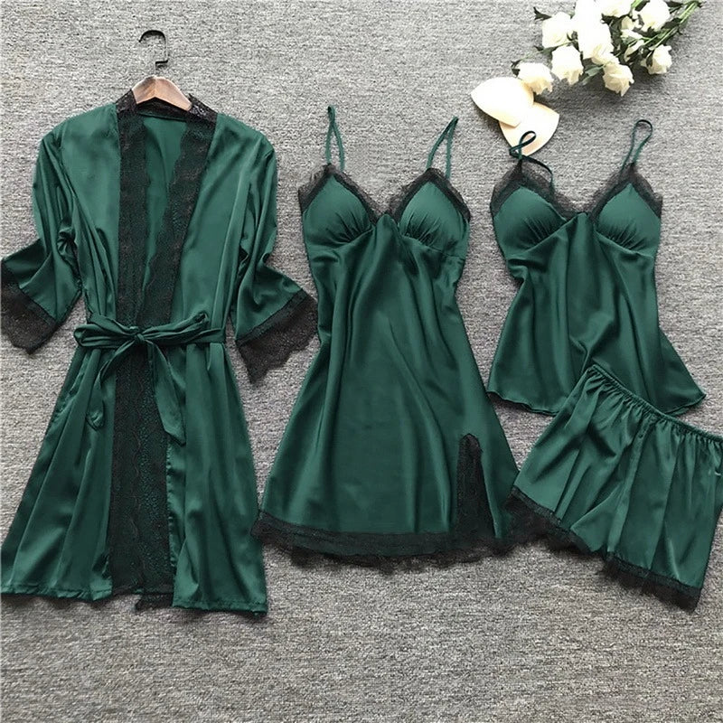 Women's Satin Pajama Set 4-Piece Robe Cami Shorts & Pants with Lace Trim for Bedroom Loungewear Sleepwear Nightwear Gift